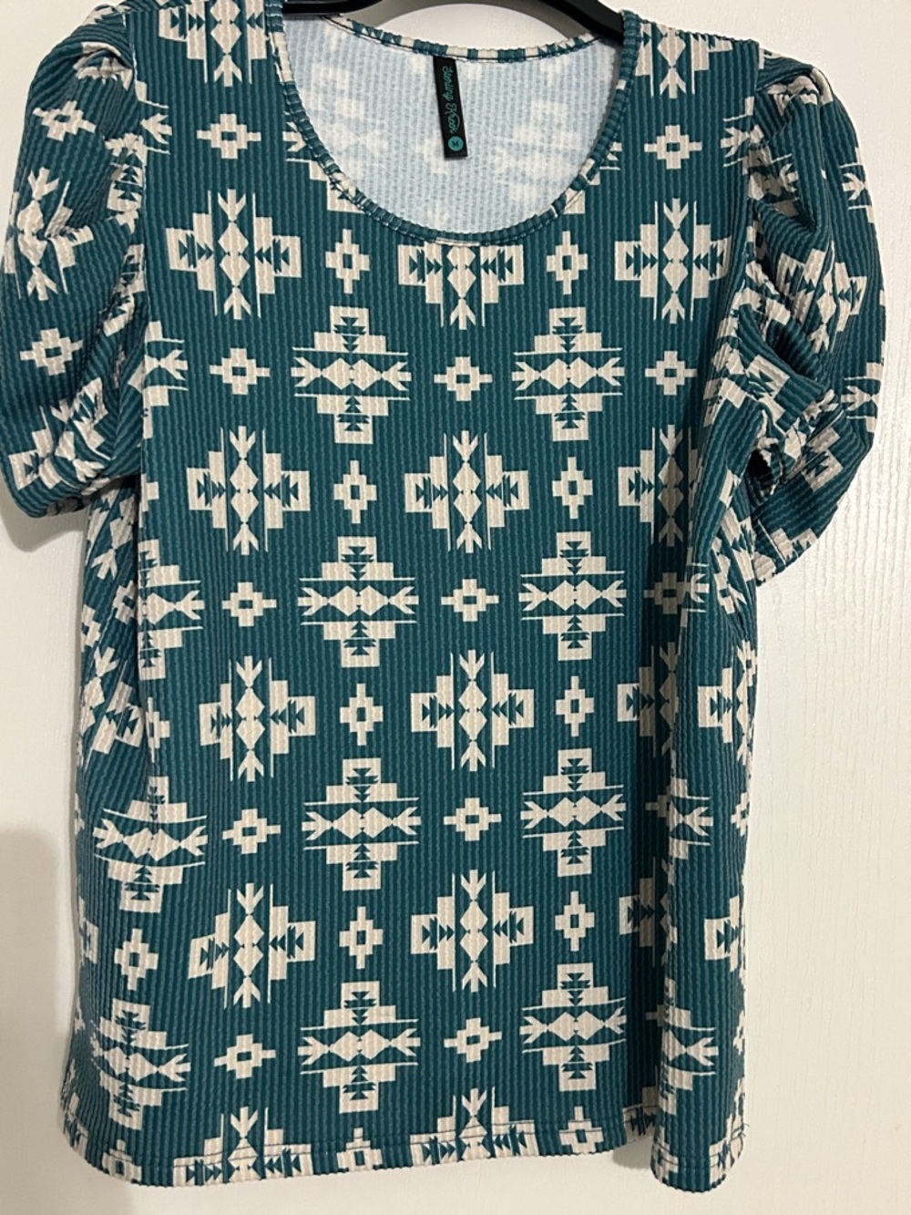 Teal Aztec-Print Puff Sleeve Blouse